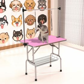 46" Folding Dog Pet Grooming Table Stainless Steel Frame Rubber Mat on Board with Adjustable Arm and Clamps pet dog Grooming Table (PINK COLOR)