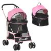 4 Wheels Pet Stroller, 3 in 1 Dog Travel Folding Carrier, for Small Dogs, Detachable, w/ Brake, Canopy, Basket, Storage Bag - Pink