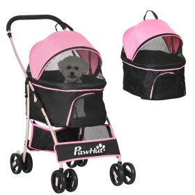 4 Wheels Pet Stroller, 3 in 1 Dog Travel Folding Carrier, for Small Dogs, Detachable, w/ Brake, Canopy, Basket, Storage Bag - Pink