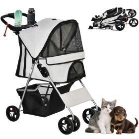 Dog Stroller, One-click Folding Pet Stroller with Cup Holder, 4 Wheels Travel Carrier w/ Brakes, 360° Swiveling Front Wheels, Storage Basket