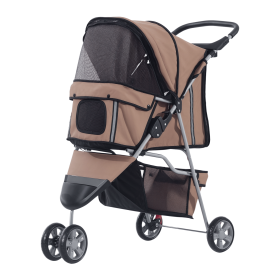 3 Wheels Foldable Dog Stroller with Storage Basket, Brake, Adjustable Canopy, Cupholders