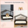 PawHut Wicker Dog Bed Outdoor Elevated with Rattan Canopy Cushioned PE Rattan Dog Cat House Sleeping Pad Cream