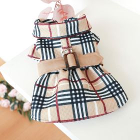 Pet Dress; Plaid Dog Dress With Belt; Winter Dress Pet Clothes For Small Medium Dogs (Color: Dark Khaki, size: M)